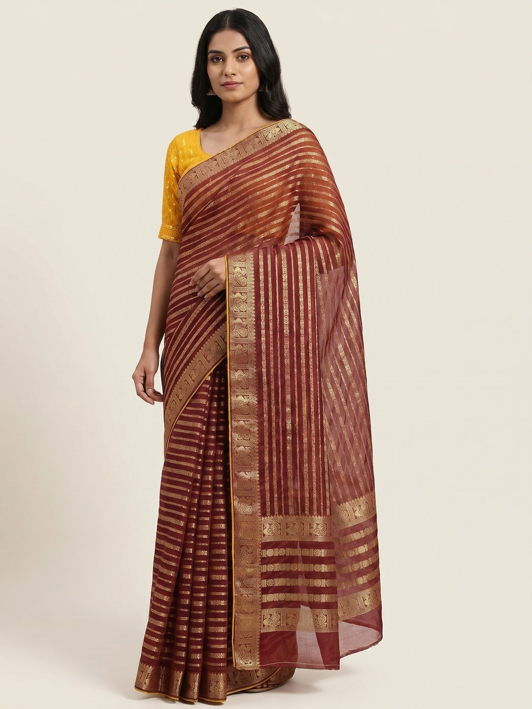 Maroon Zari Work Woven Organza Saree - Image 1
