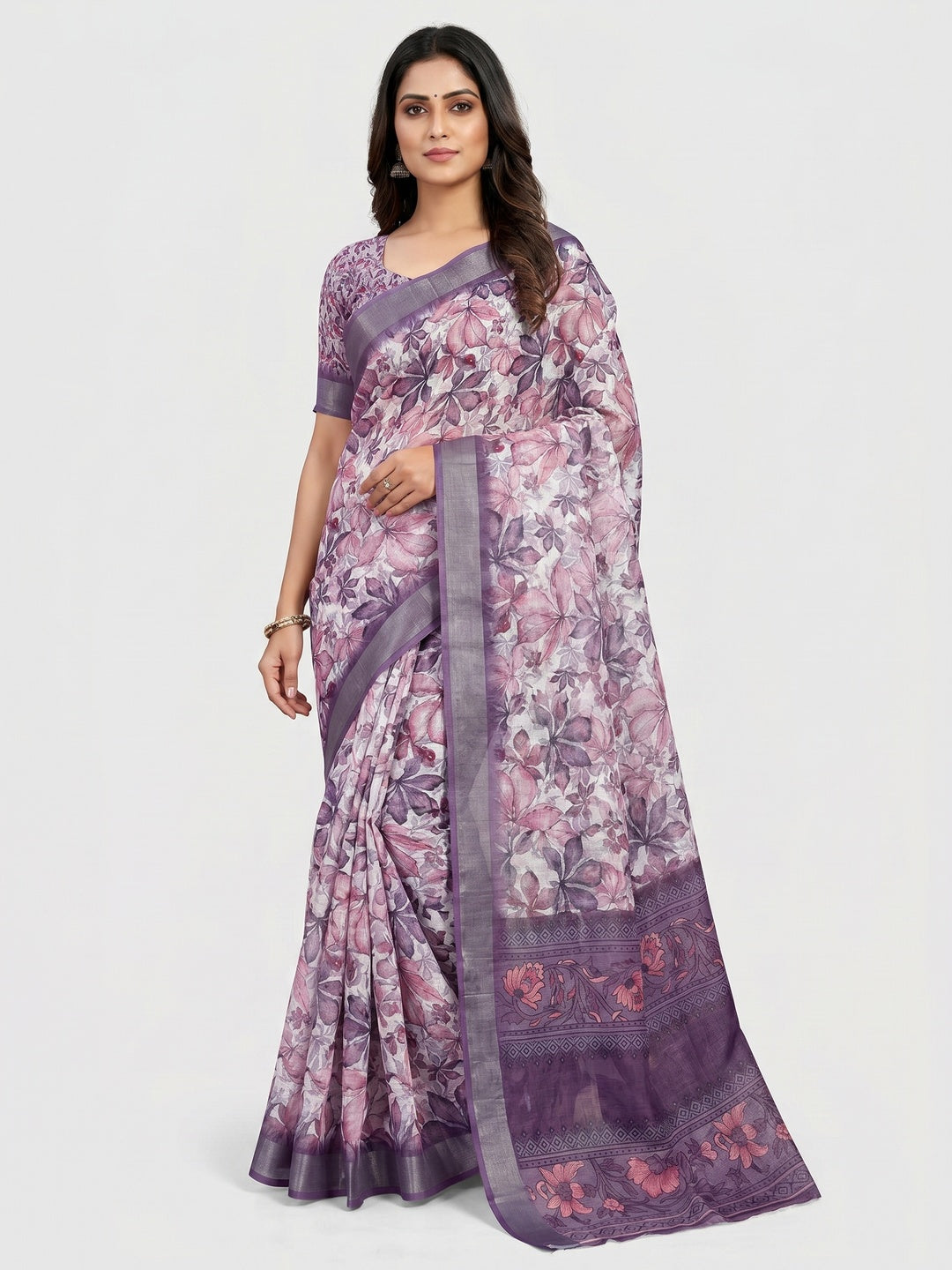 Purple Floral Digital Printed Linen Saree With Zari Border - Image 1