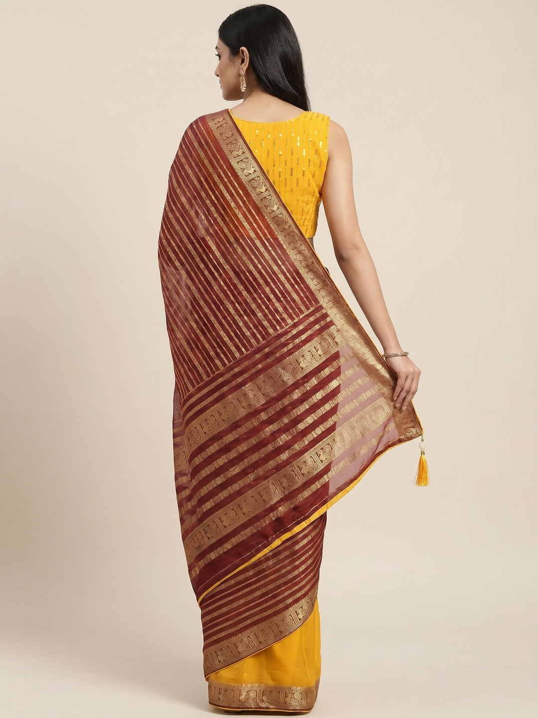 Maroon Zari Work Woven Organza Saree - Image 2