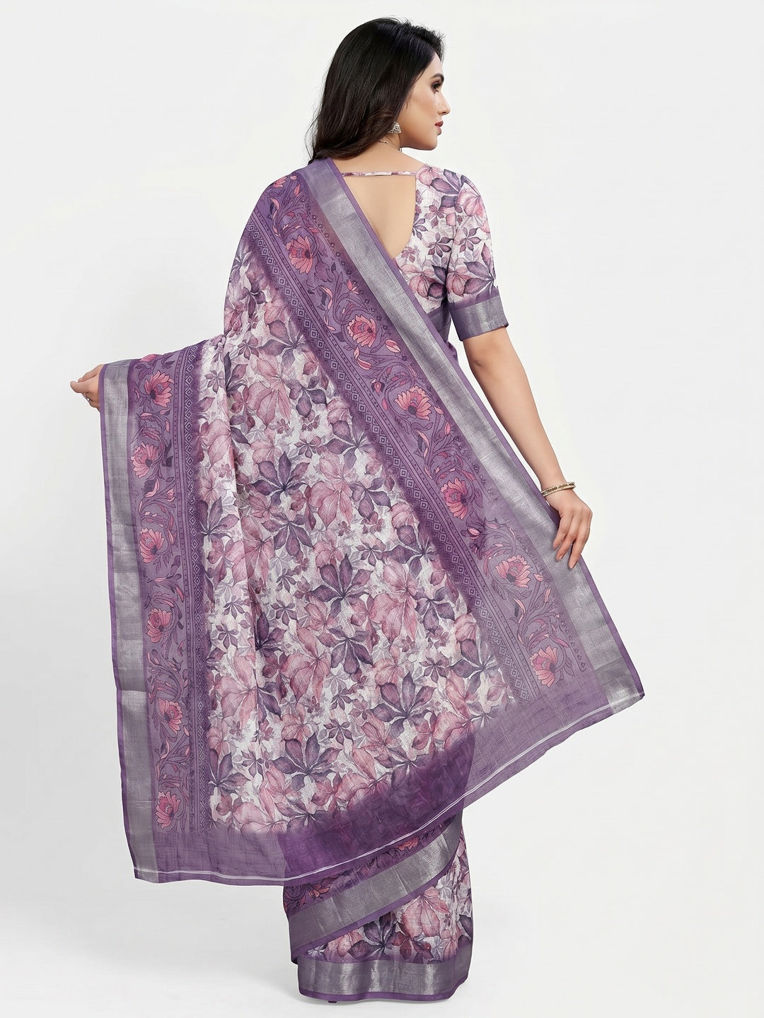 Purple Floral Digital Printed Linen Saree With Zari Border - Image 3