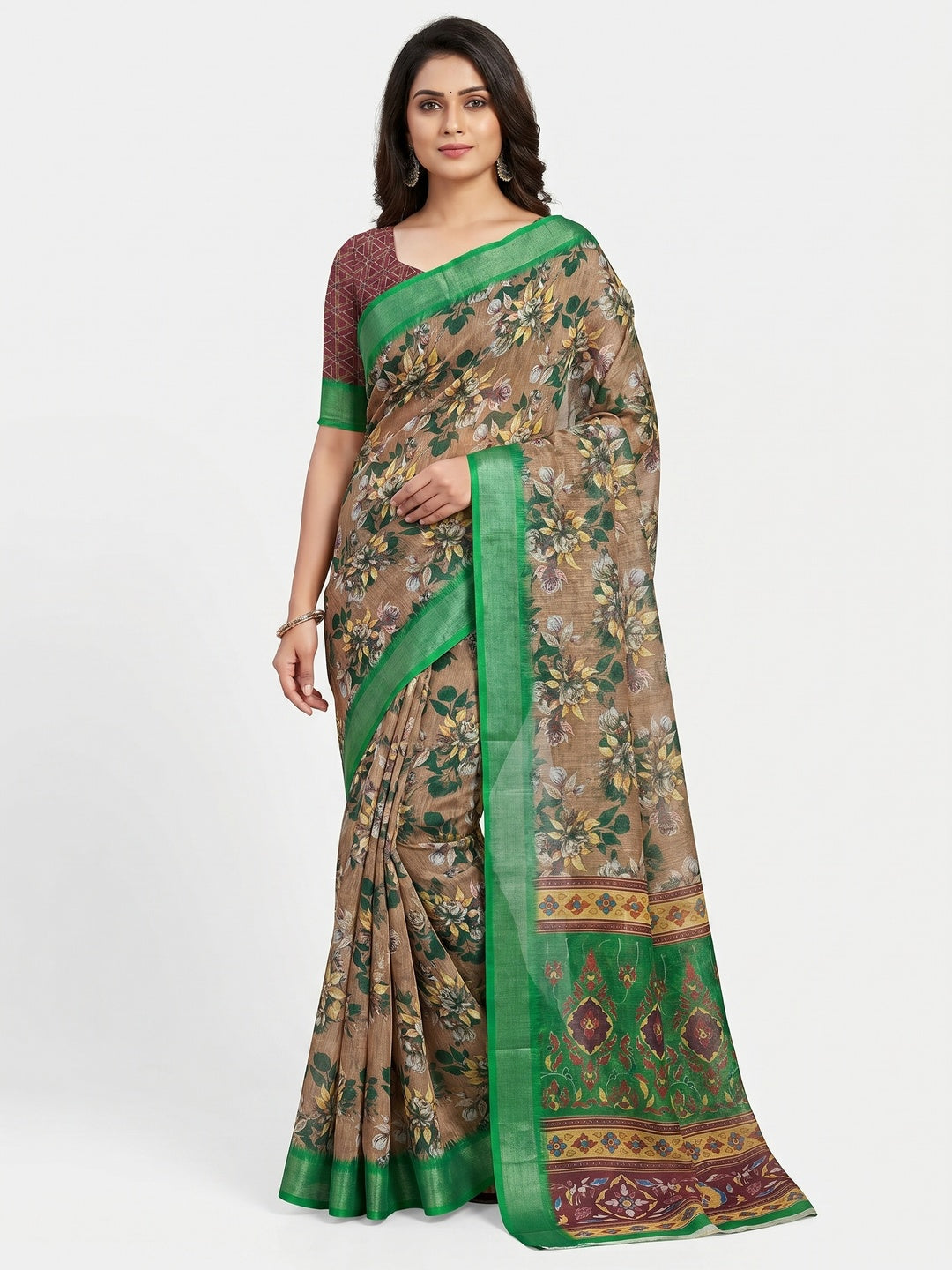 Brown Floral Digital Printed Linen Saree With Zari Border - Image 1