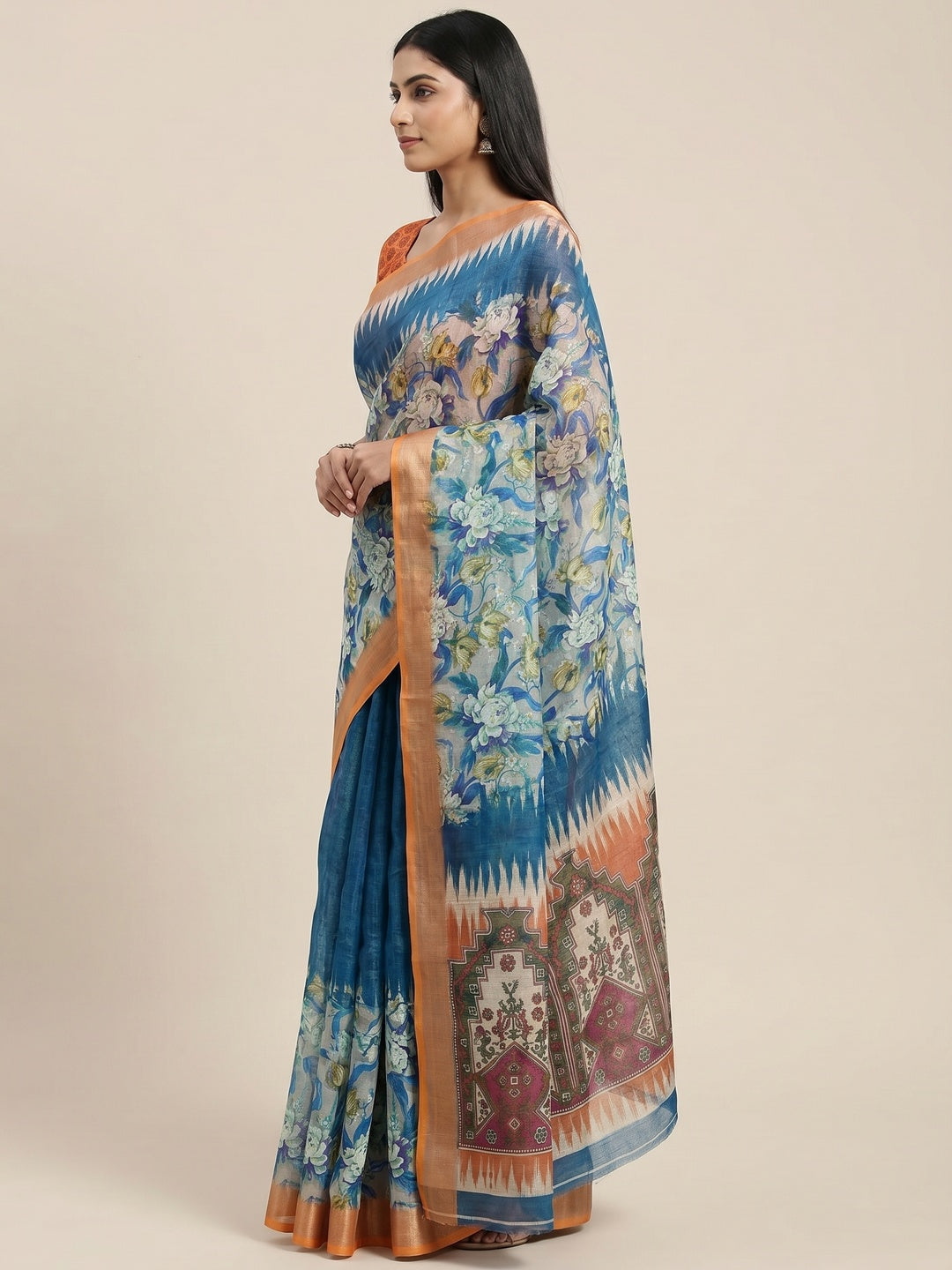 Blue Floral Digital Printed Linen Saree With Zari Border - Image 3