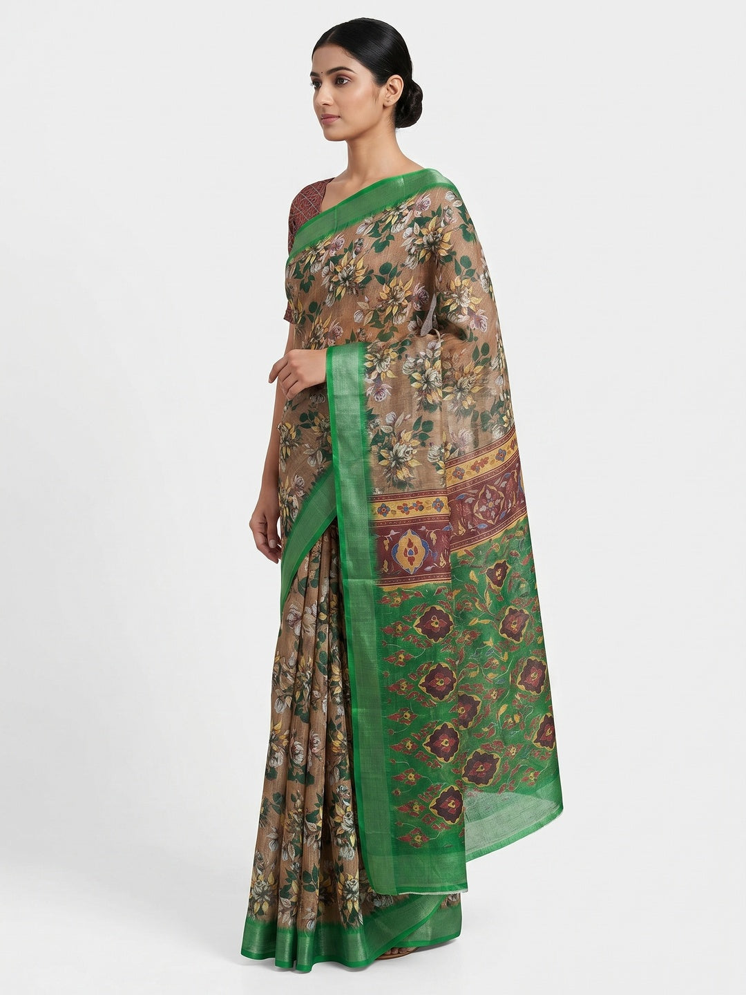 Brown Floral Digital Printed Linen Saree With Zari Border - Image 2