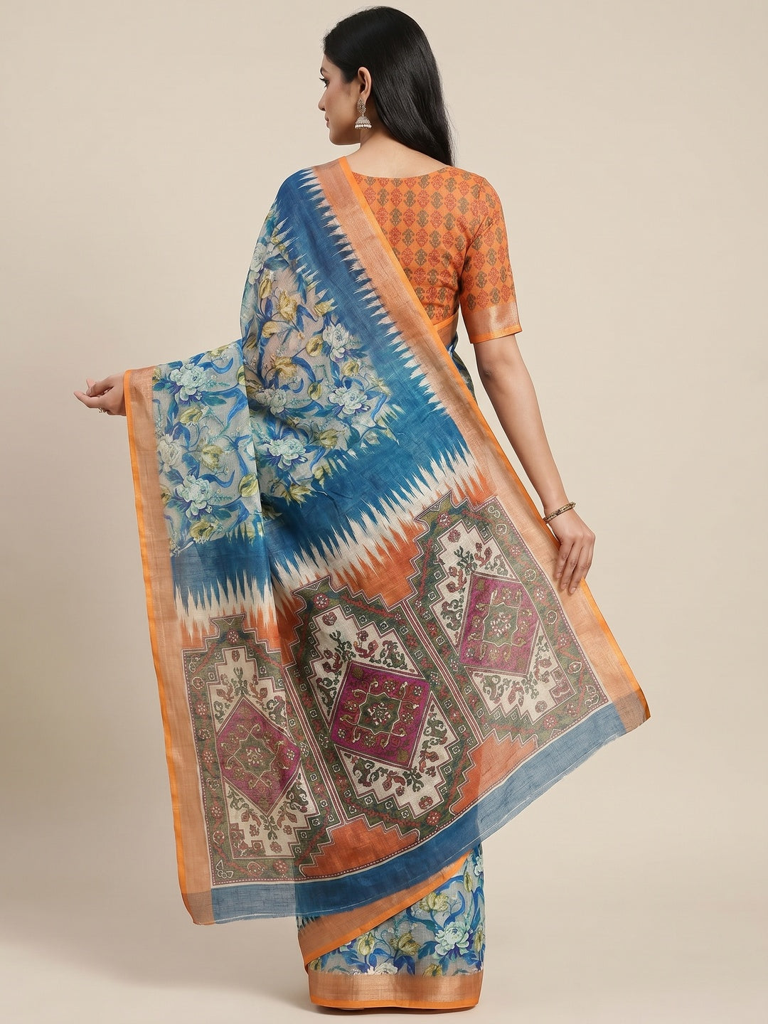 Blue Floral Digital Printed Linen Saree With Zari Border - Image 2
