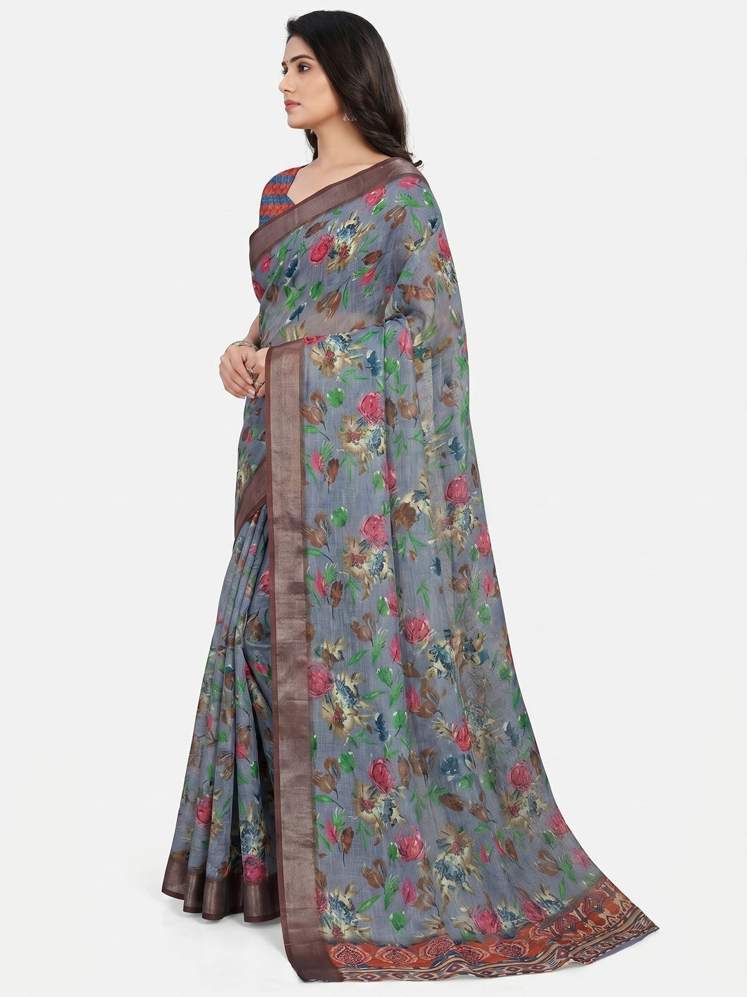 Grey Floral Digital Printed Linen Saree With Zari Border - Image 3