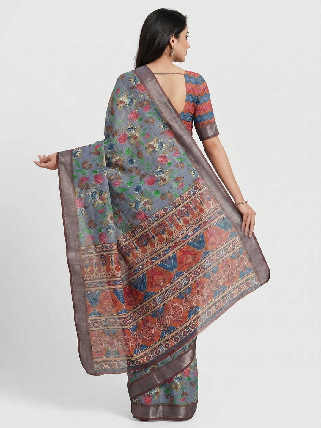 Grey Floral Digital Printed Linen Saree With Zari Border - Image 2
