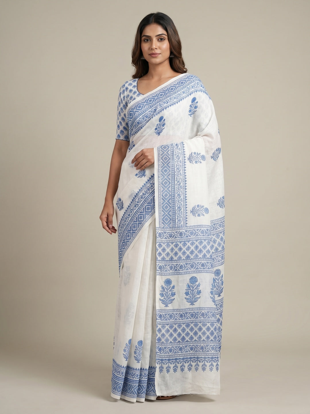 White & Blue Digital Printed Linen Saree With Zari Border - Image 1