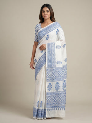 White & Blue Digital Printed Linen Saree With Zari Border - Image 1
