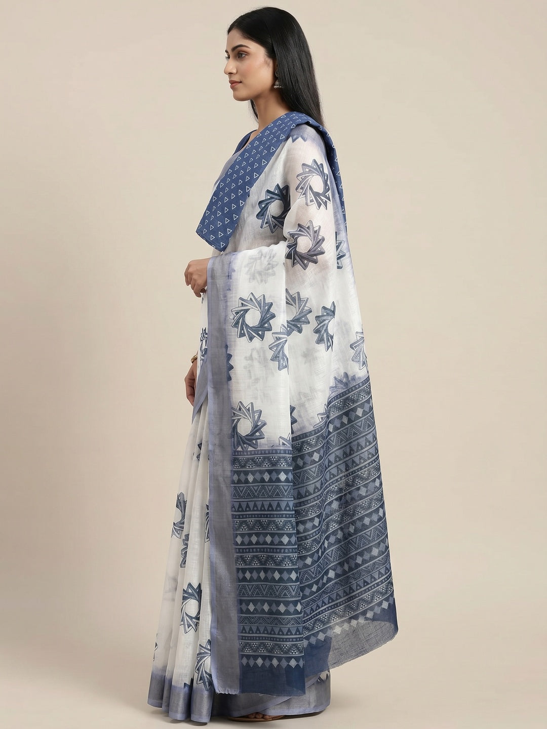 White & Blue Digital Printed Linen Saree With Zari Border - Image 2