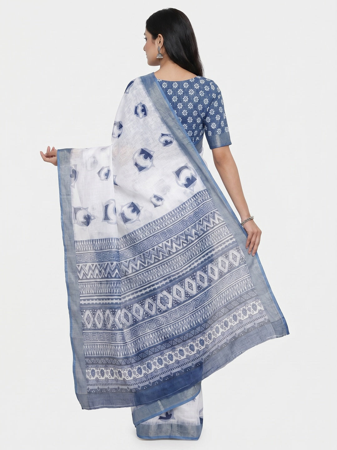 White & Blue Digital Printed Linen Saree With Zari Border - Image 3