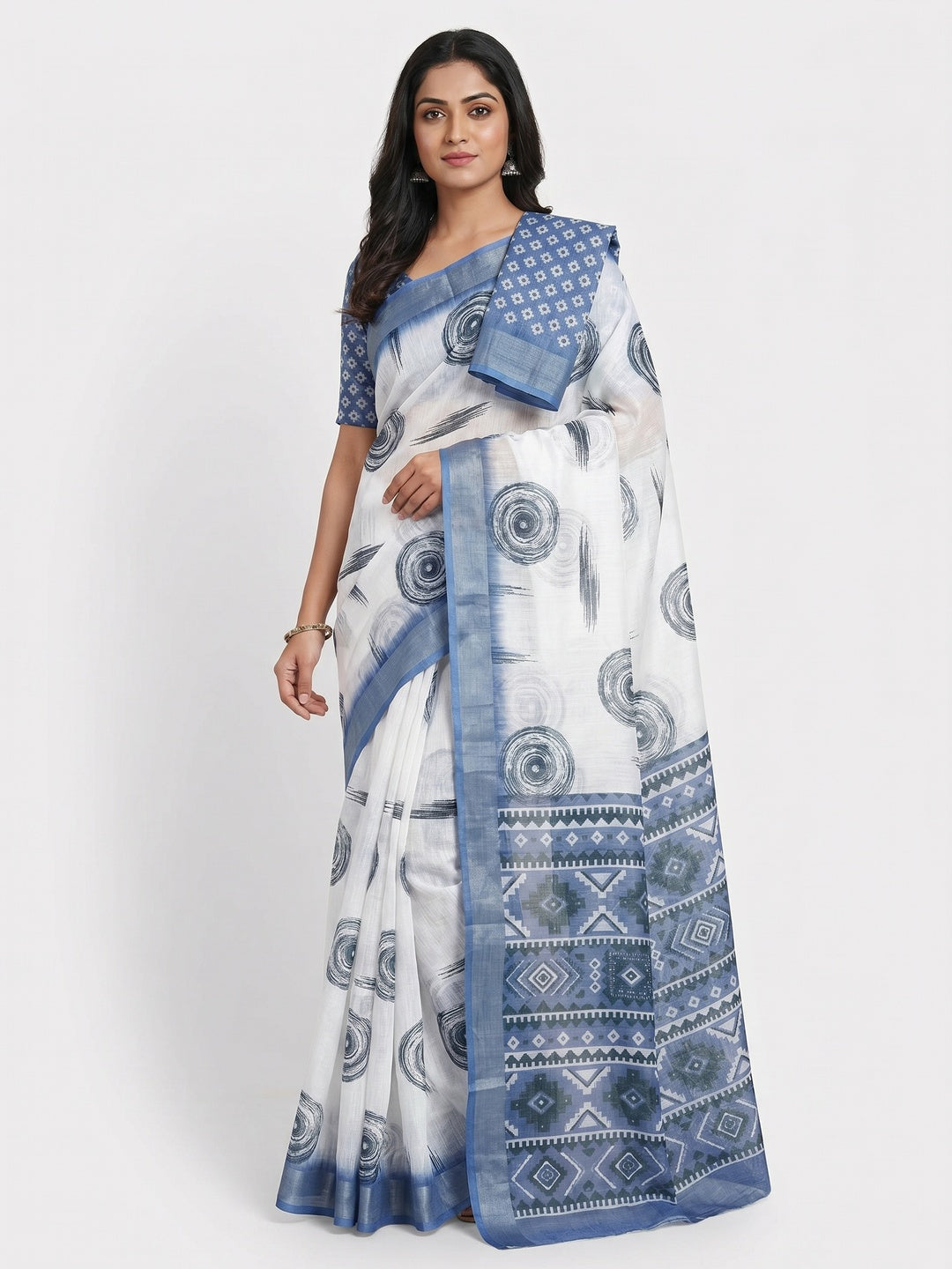 White & Blue Digital Printed Linen Saree With Zari Border - Image 1