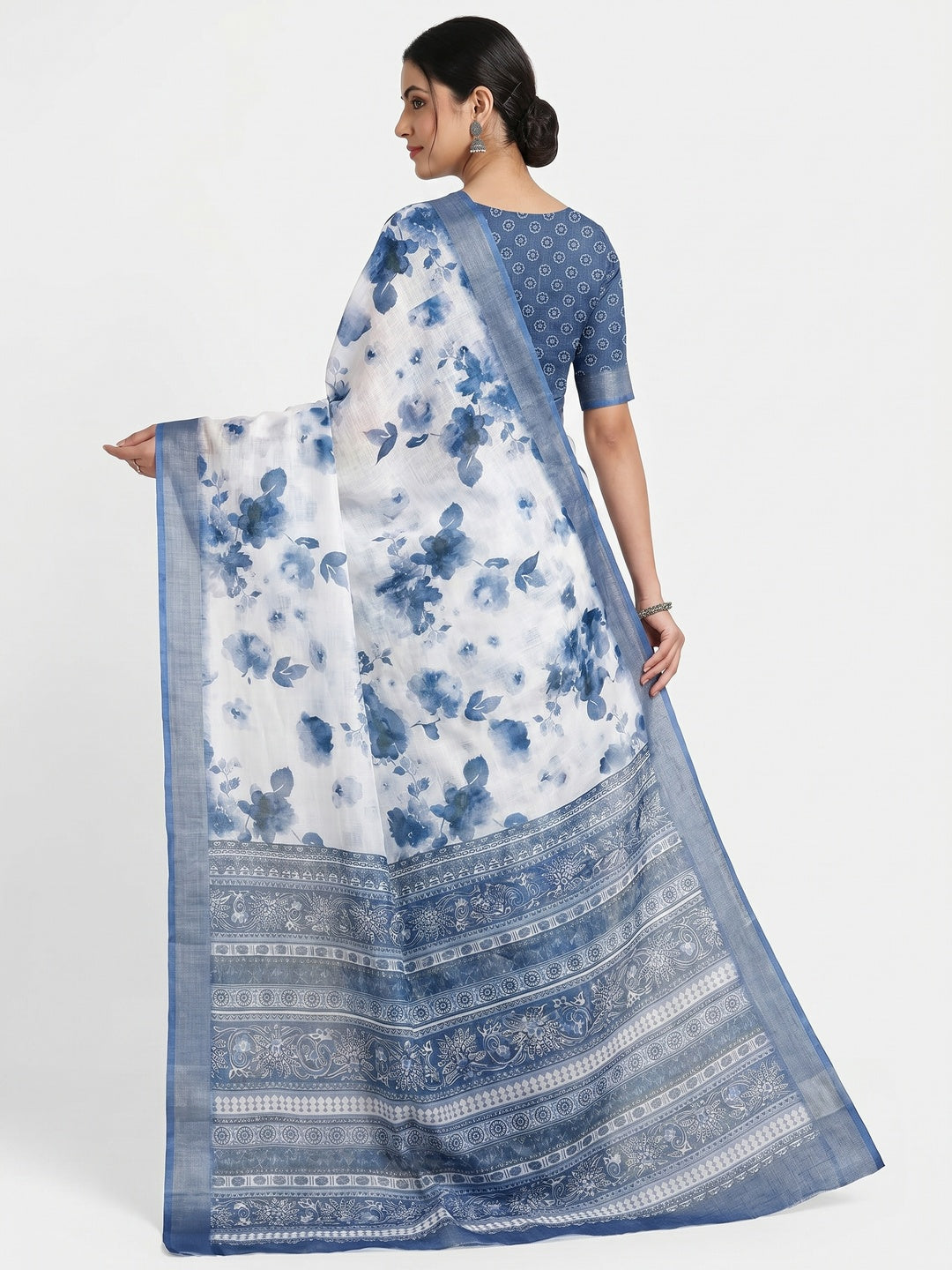 White & Blue Floral Digital Printed Linen Saree With Zari Border - Image 2