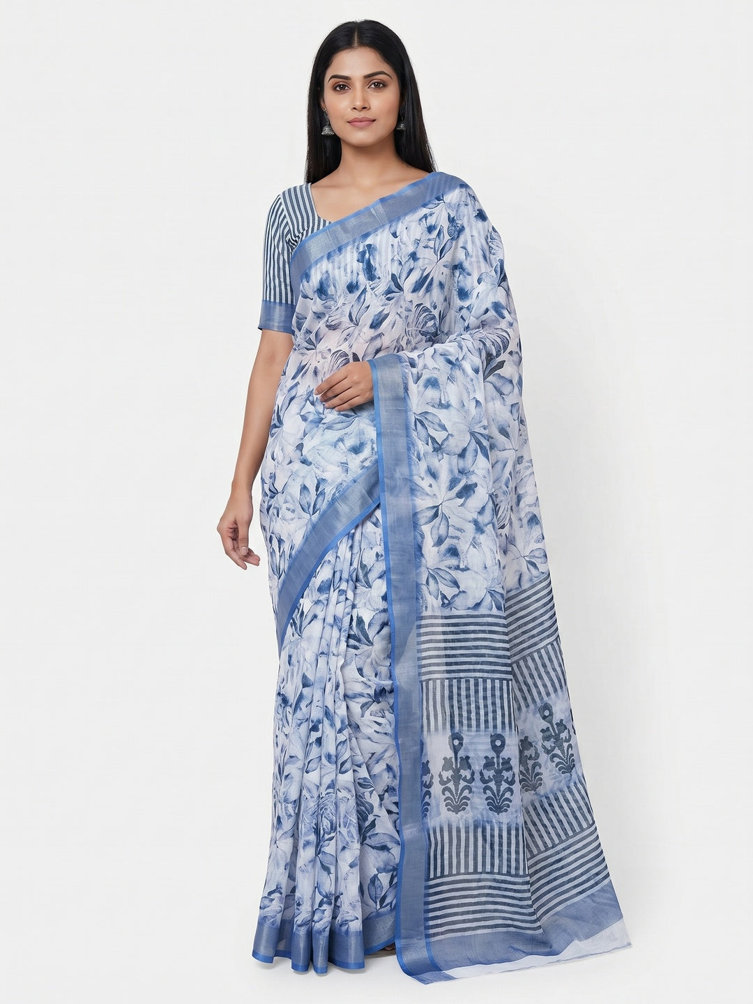 White & Blue Floral Digital Printed Linen Saree With Zari Border - Image 1