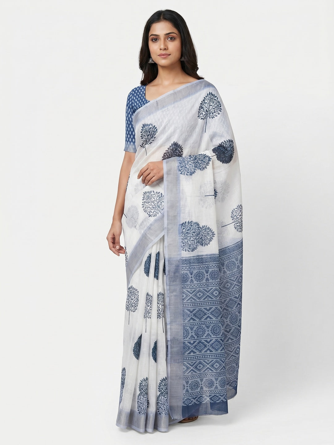 White & Blue Floral Digital Printed Linen Saree With Zari Border - Image 1
