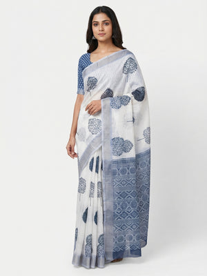 White & Blue Floral Digital Printed Linen Saree With Zari Border - Image 1