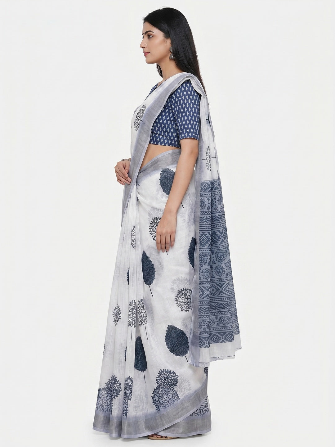 White & Blue Floral Digital Printed Linen Saree With Zari Border - Image 2