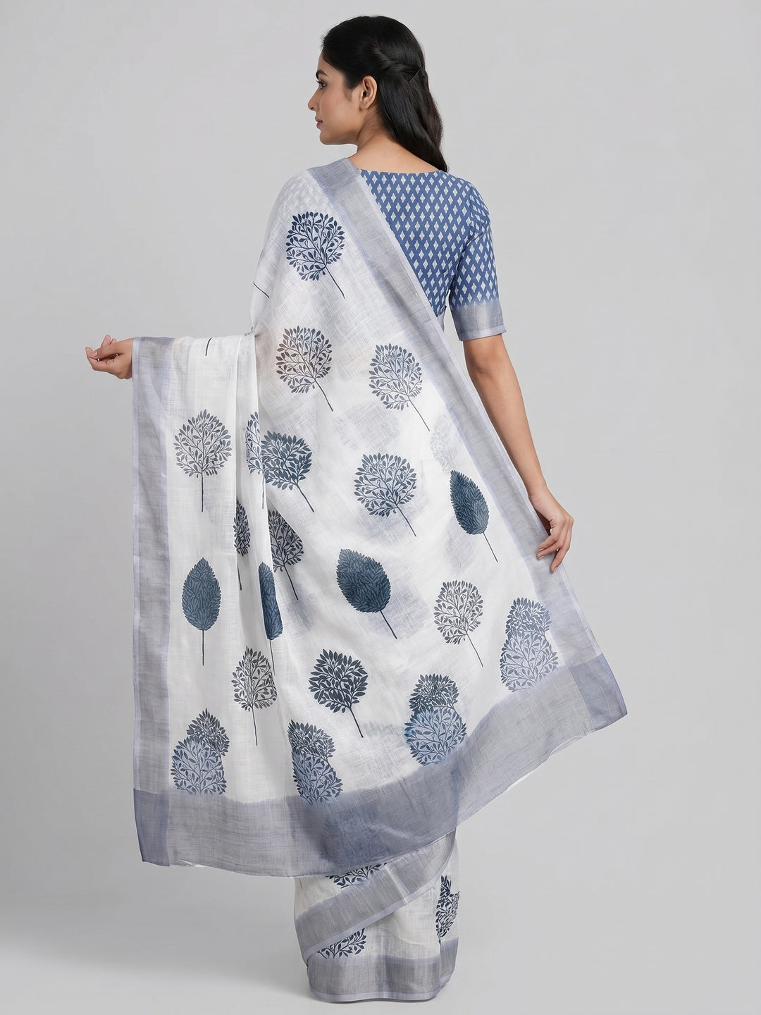 White & Blue Floral Digital Printed Linen Saree With Zari Border - Image 3