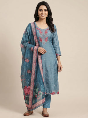 Blue Floral Sequins Embroidered Art Silk Dress Material - Image 1