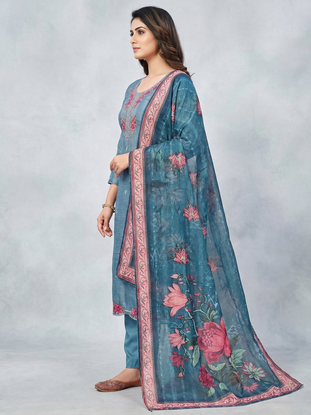 Blue Floral Sequins Embroidered Art Silk Dress Material - Image 3