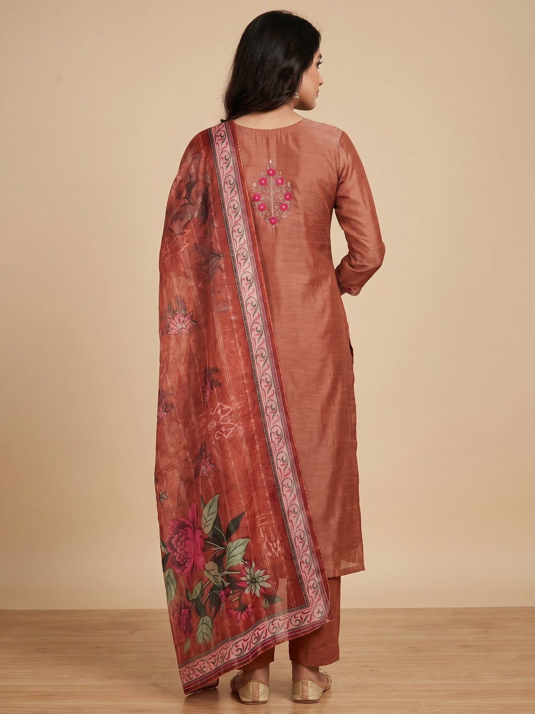 Rust Floral Sequins Embroidered Art Silk Dress Material - Image 3