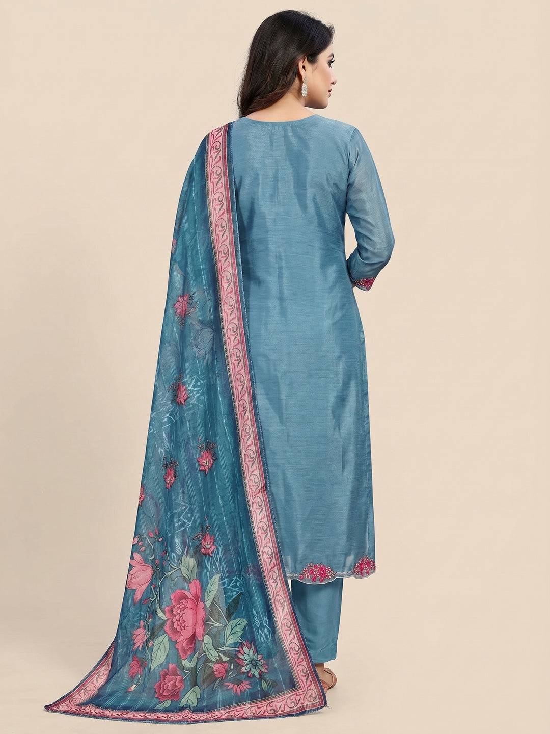 Blue Floral Sequins Embroidered Art Silk Dress Material - Image 2