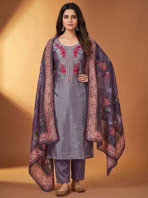 Purple Floral Sequins Embroidered Art Silk Dress Material - Image 1