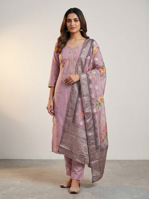 Onion Pink Floral Sequins Embroidered Cotton Roman Silk Dress Material - Image 1