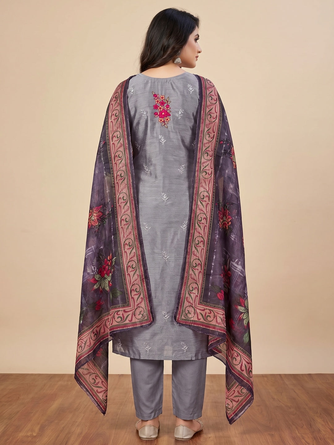 Purple Floral Sequins Embroidered Art Silk Dress Material - Image 3