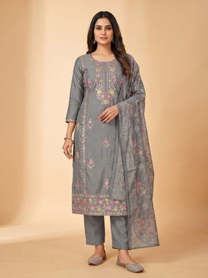 Grey Floral Sequins Embroidered Cotton Roman Silk Dress Material - Image 1