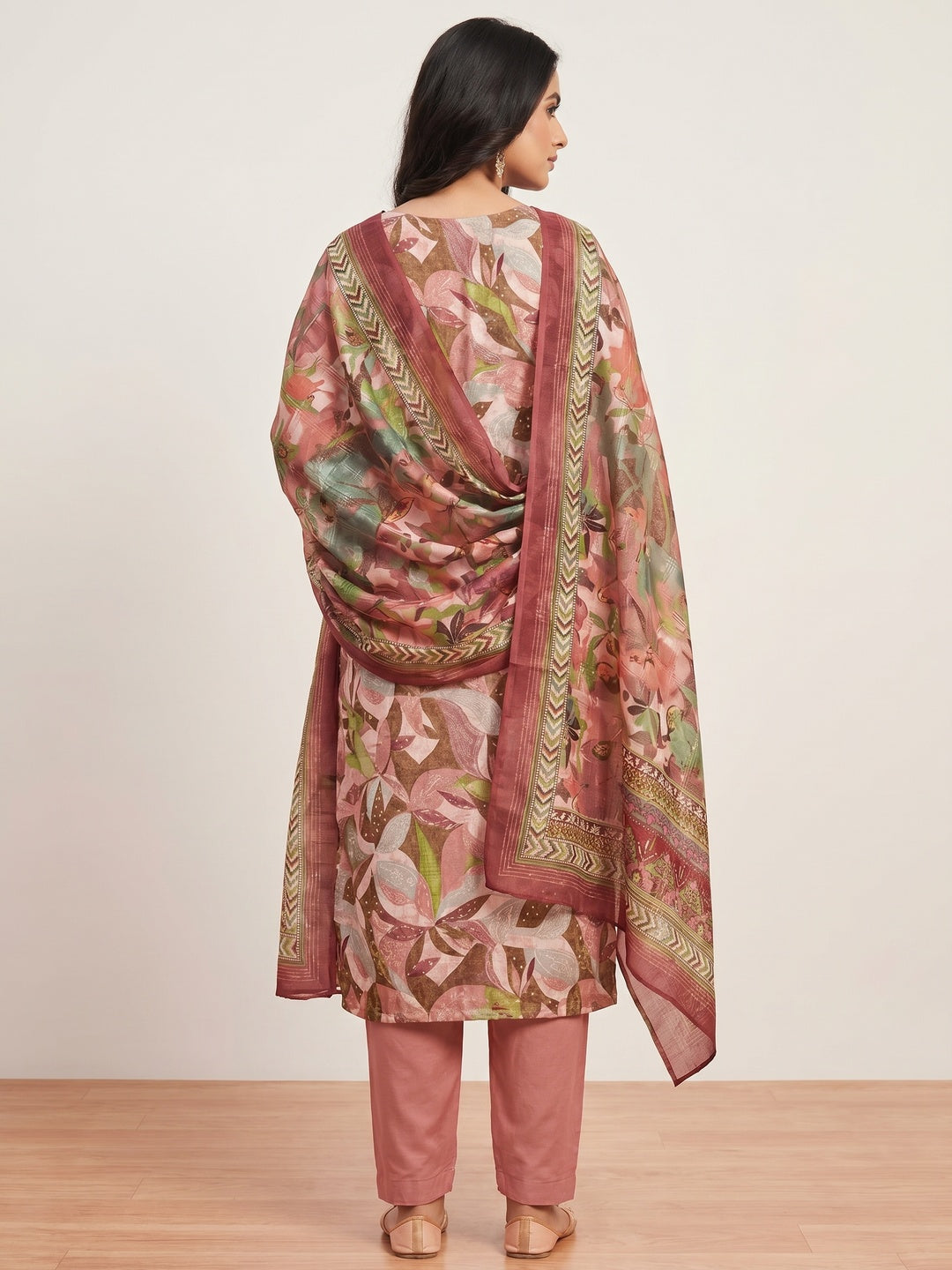 Peach Floral Foil Printed With Embroidery Modal Cotton Silk Dress Material - Image 2