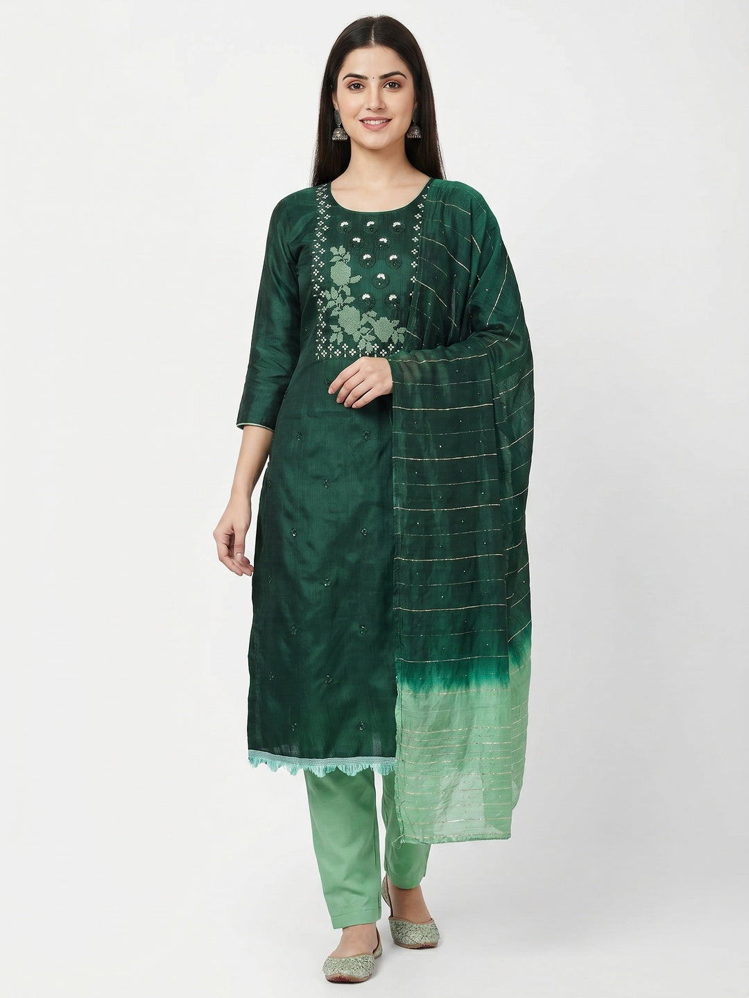 Green Embroidered Art Silk Dress Material - Image 1