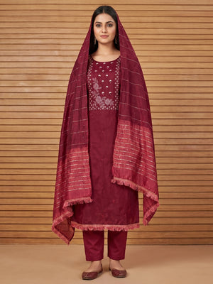 Maroon Embroidered Art Silk Dress Material - Image 1