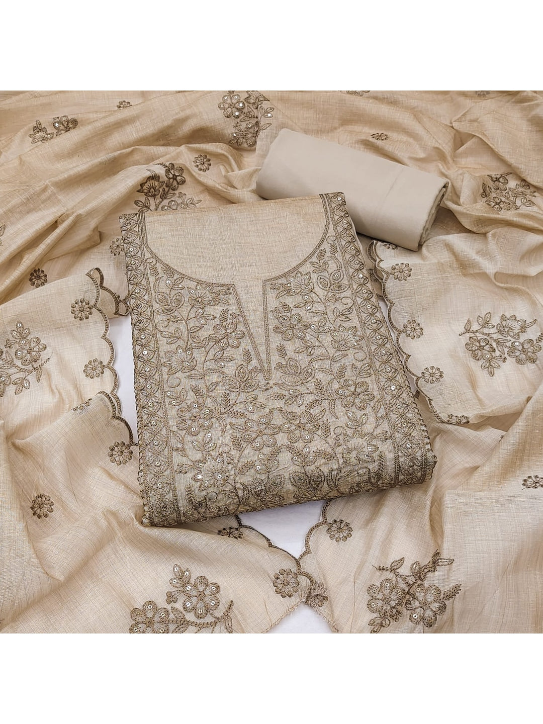 Peachmode Cream Linen Dress Material with Ethnic Motifs - Image 2
