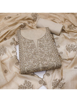 Peachmode Cream Linen Dress Material with Ethnic Motifs - Image 2