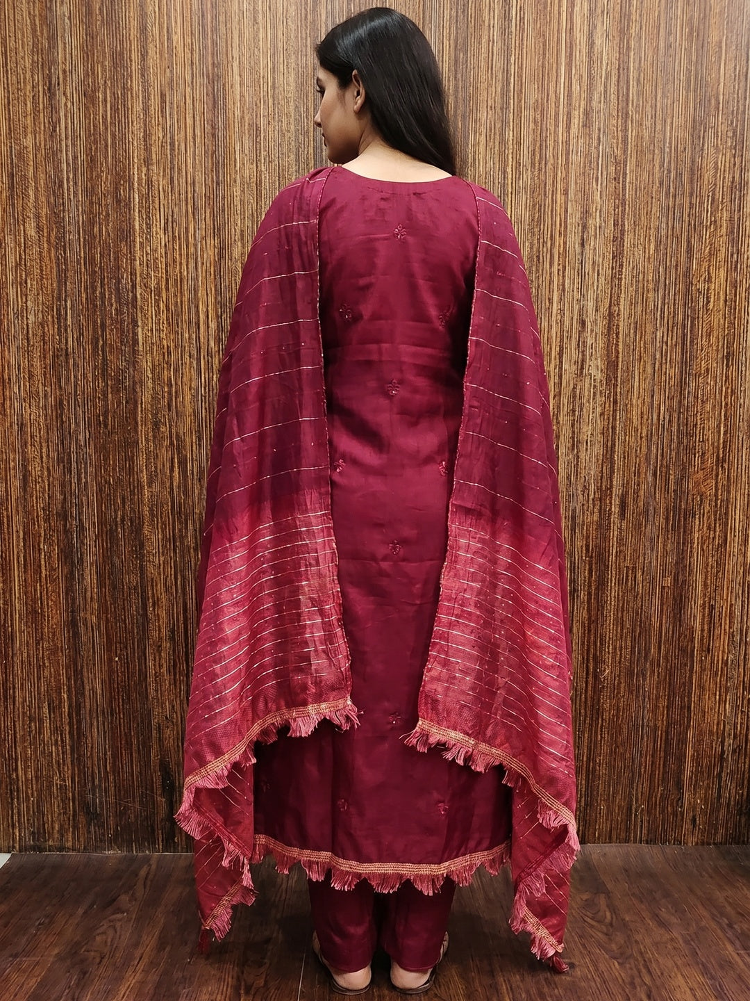 Maroon Embroidered Art Silk Dress Material - Image 3