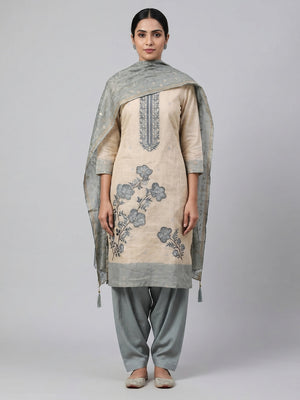 Peachmode Blue Linen Dress Material with Floral Print - Image 1