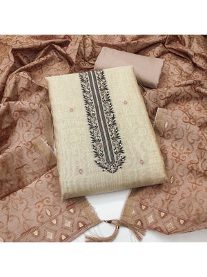 Peachmode Peach Linen Dress Material with Floral Print - Image 2