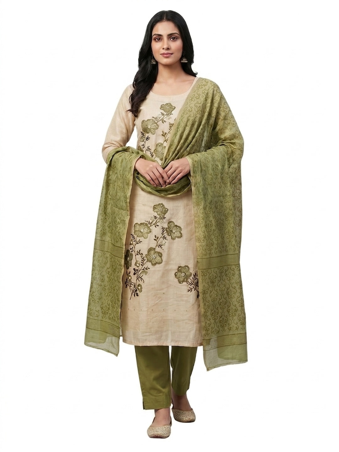 Peachmode Green Linen Dress Material with Floral Print - Image 1