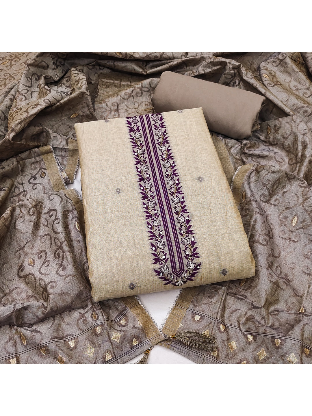 Peachmode Purple Linen Dress Material with Floral Print - Image 2
