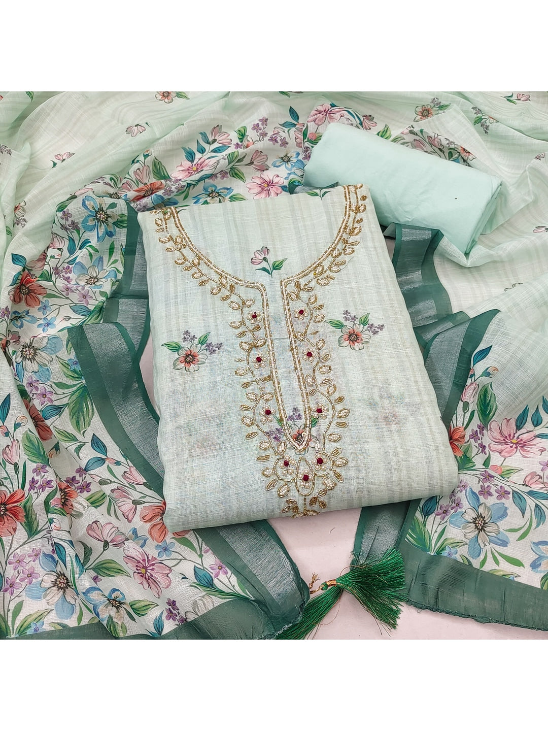 Peachmode Green Linen Dress Material with Floral Print - Image 1