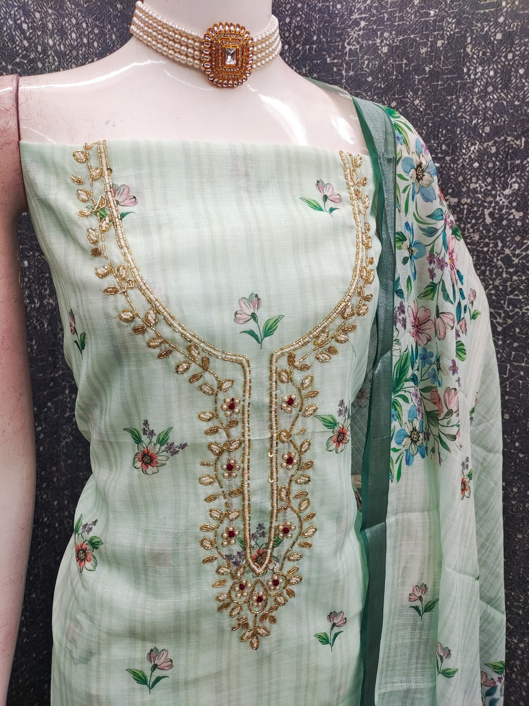 Peachmode Green Linen Dress Material with Floral Print - Image 4