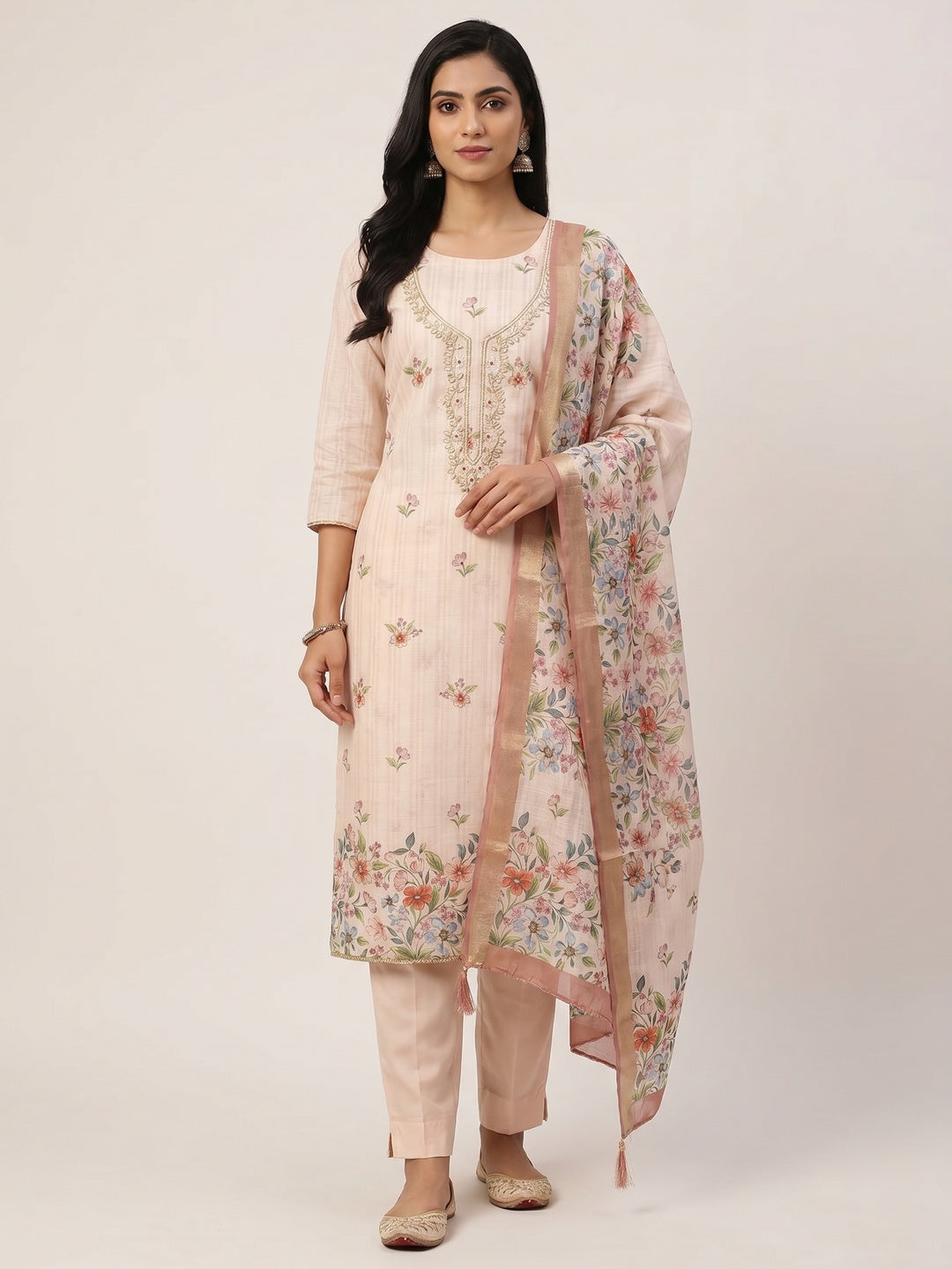 Peachmode Peach Linen Dress Material with Floral Print - Image 1