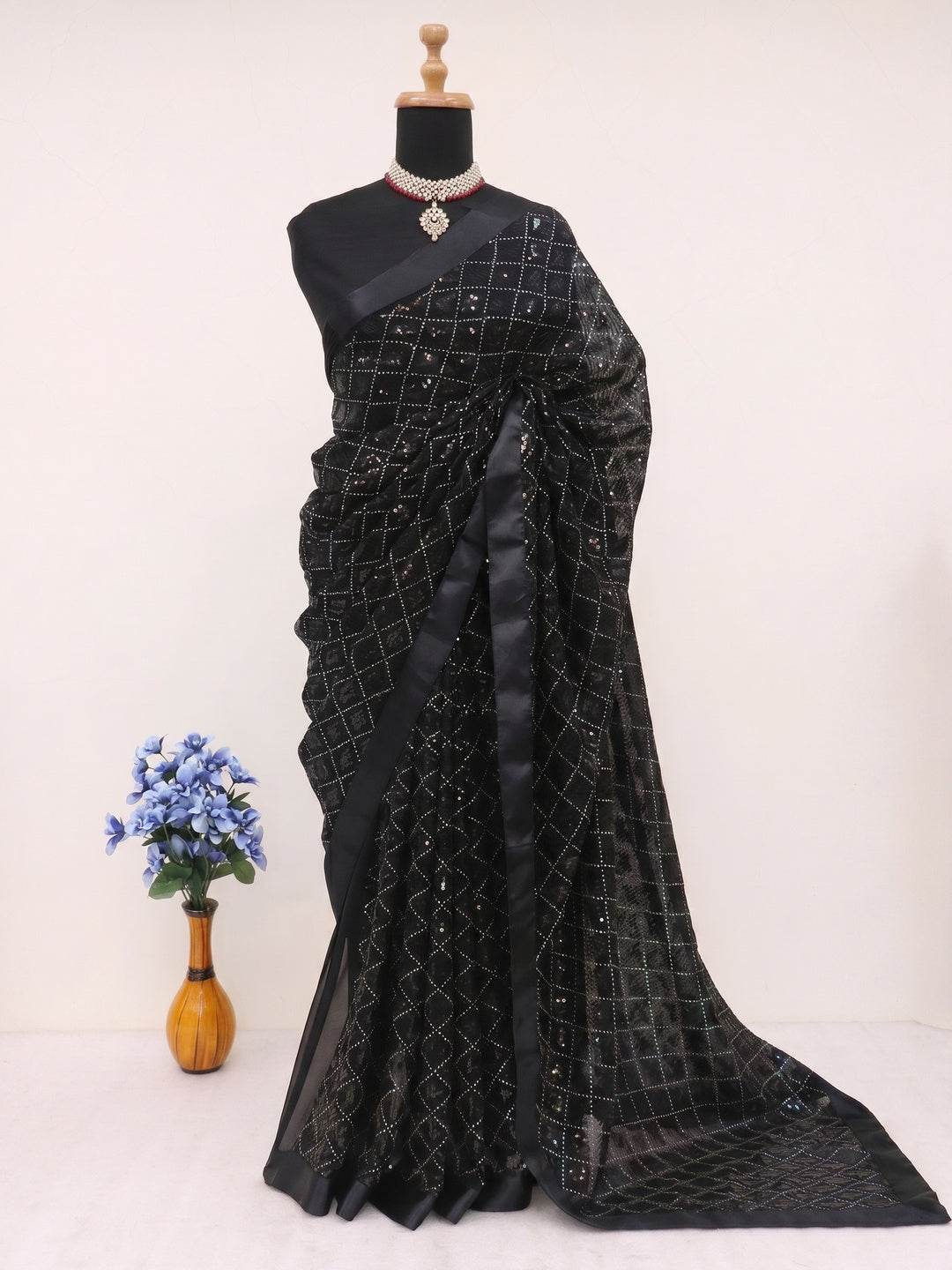Black Sequins Embellished Georgette Saree - Image 1