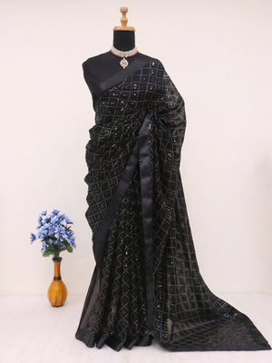 Black Sequins Embellished Georgette Saree - Image 1