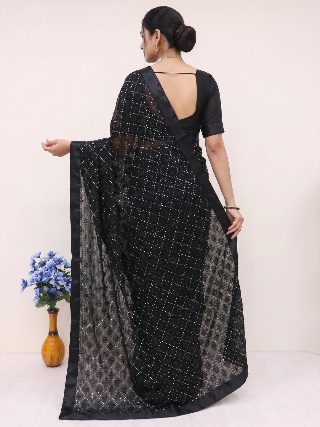 Black Sequins Embellished Georgette Saree - Image 2
