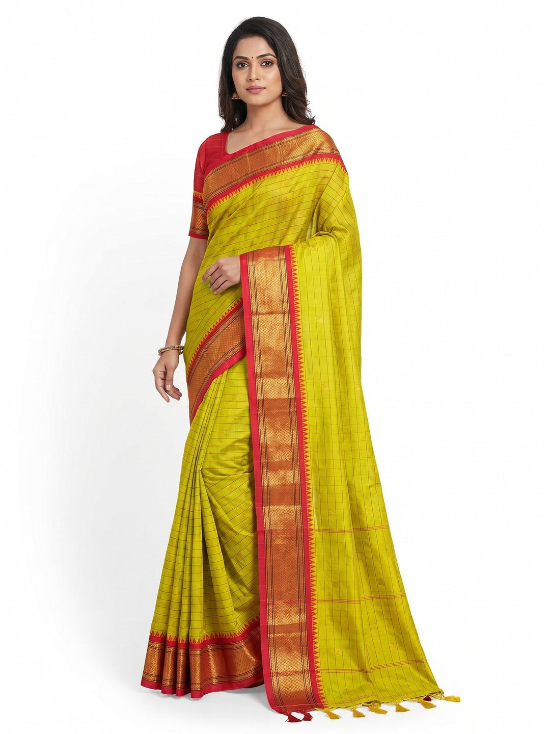 Lemon Green & Red Woven Cotton Silk Saree With Tassels - Image 1