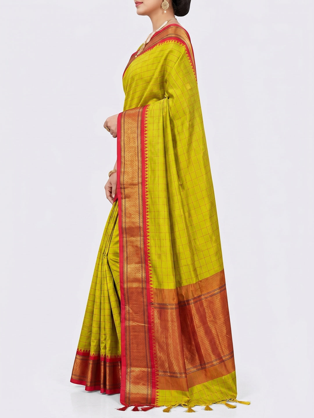 Lemon Green & Red Woven Cotton Silk Saree With Tassels - Image 3