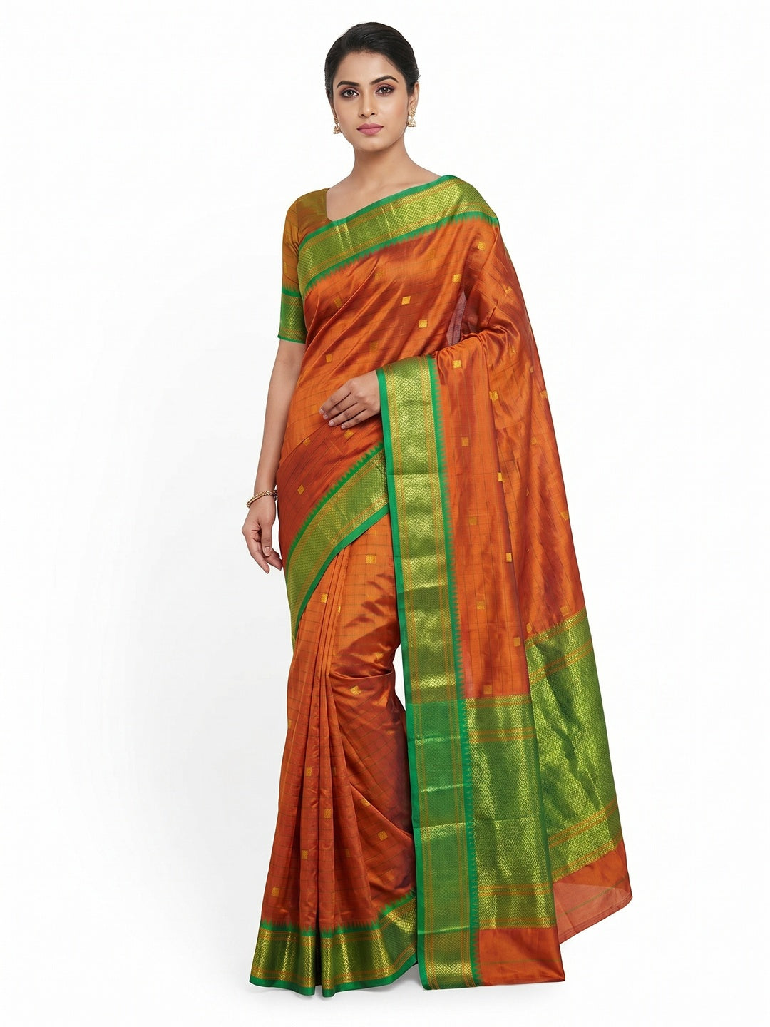 Rust & Green Woven Cotton Silk Saree With Tassels - Image 1