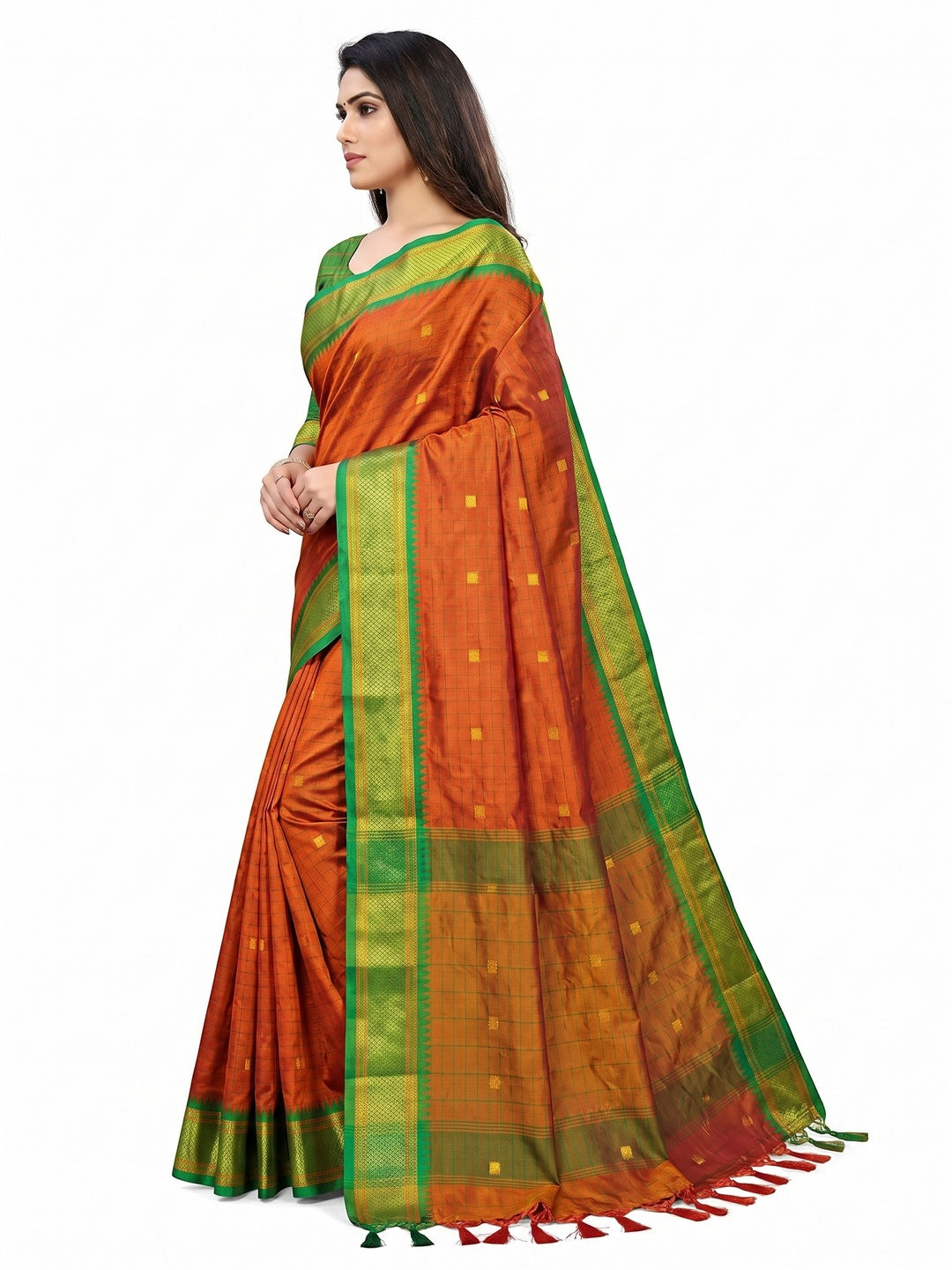 Rust & Green Woven Cotton Silk Saree With Tassels - Image 2
