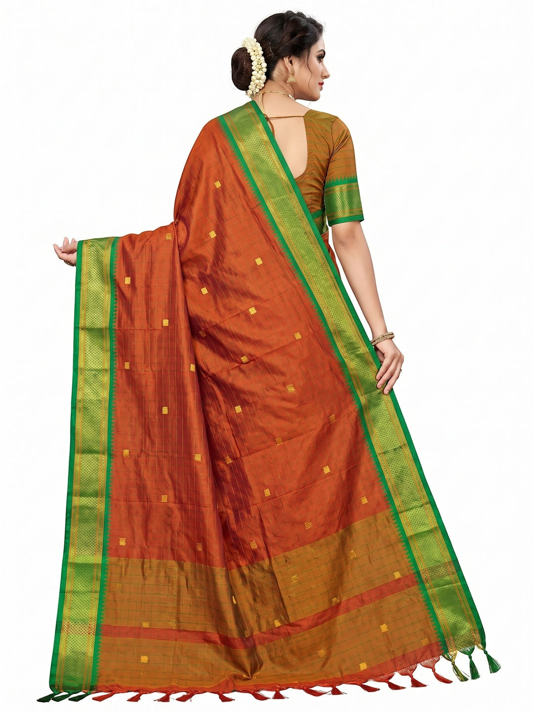 Rust & Green Woven Cotton Silk Saree With Tassels - Image 4